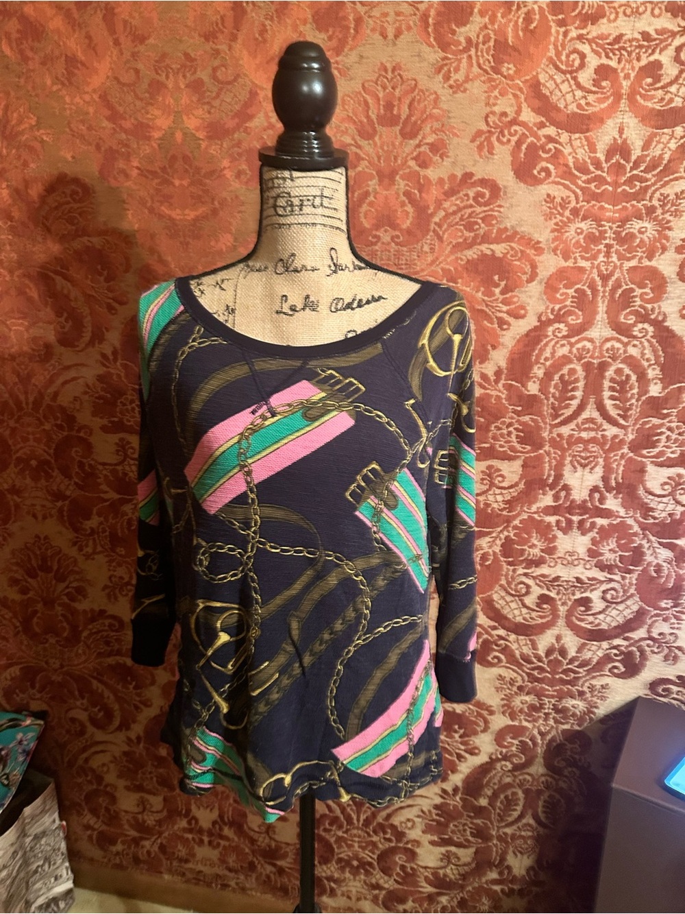 Ralph Lauren Navy Tunic with Pink, Teal & Gold Chain Print
